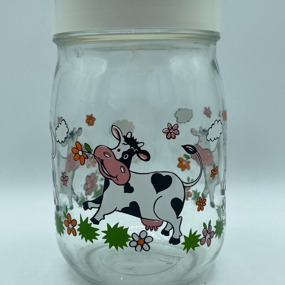 VTG yogurt Glass 1L Jar w/ Cows & Flowers Storage W/ White Lid Made In France‎